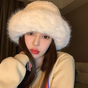 Plush white faux fur bucket hat for women, thick and warm winter Mongolian style cap