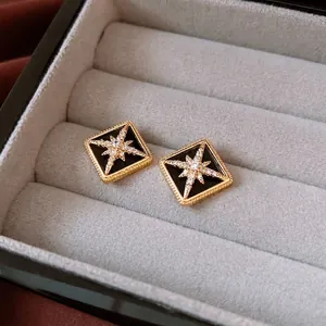 French vintage 16K gold plated square earrings with black enamel and star motif