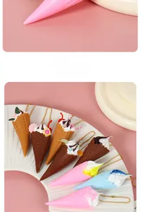 Detailed view of assorted miniature ice cream cone keychains with golden bead chains