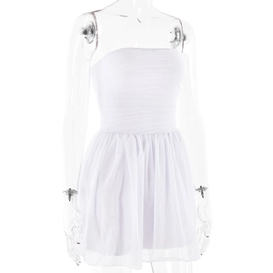 Close-up of white strapless mini dress with ruffled mesh details and tiered skirt