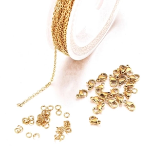 Golden necklace jewelry making set with cross chain lobster clasps and open jump rings