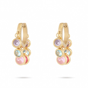 18K gold plated stainless steel hoop earrings with purple pink blue and red crystals
