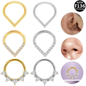 ASTM F136 Titanium Septum Clicker Ring Hinged Segment Teardrop V Shape Cubic Zirconia Nose Cartilage Piercing Jewelry