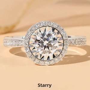 Macro view of a sparkling 1 carat round cut solitaire diamond ring with halo setting