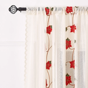 Modern beige sheer curtain with red floral embroidery and delicate scalloped lace edges