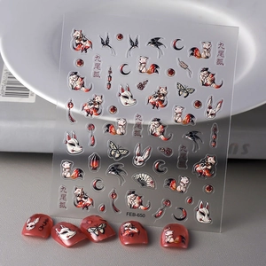 5D Relief Nail Art Stickers Nine-Tailed Fox Japanese Mask Embossed Self-Adhesive Manicure Decoration For Women