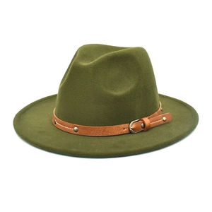 Classic dark green wool fedora hat with brown leather belt buckle for men and women