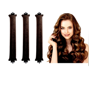 Three deep brown heatless hair rollers set showing natural wavy hair results on a model