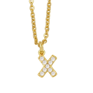 Detail of gold letter X pendant featuring sparkling white round zirconia pavé setting