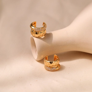 Double-layer 18K gold plated brass ear cuff with hammer texture and cubic zirconia studs