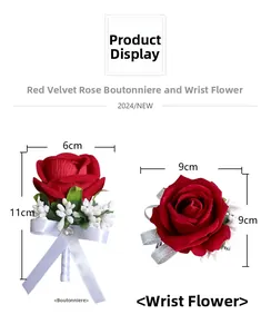 Detail view of red velvet rose corsage and wristlet with dimensions 6x11cm and 9x9cm
