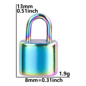Rainbow-colored mini lock pendant showing 13mm height and 8mm width measurements