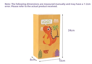 Detail showing dimensions of yellow cartoon dinosaur paper gift bag with ROAR text