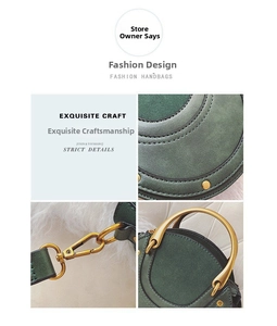 Detailed craftsmanship of dark green suede handbag with exquisite gold metal ring handle