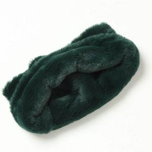 Close-up of soft dark green faux rabbit fur neck warmer with plush texture on white background