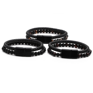 Herren Doppelarmband aus Leder mit Tigerauge Perlen und mattem Magnetverschluss