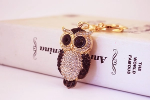 Detailed close-up of golden owl keychain encrusted with sparkling white and black rhinestones