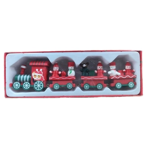 Miniature wooden Christmas train with Santa and snowman figurines in a gift box