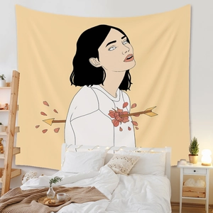 Détail d'une tapisserie moderne montrant une femme avec des fleurs pour déco de chambre