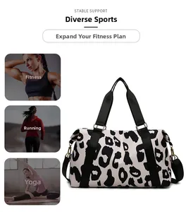 Cow pattern travel bag with wet-dry separation showing fitness and yoga scene usage