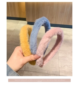 Three plush headband set in mustard, haze blue and dusty pink with soft fur texture