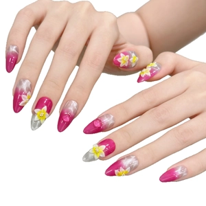 Faux ongles stiletto faits main avec dégradé œil de chat rose et fleurs 3D blanches
