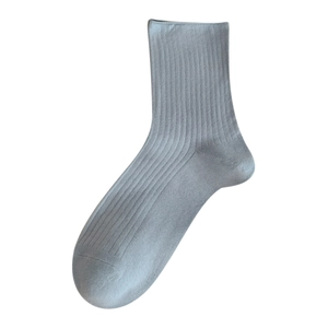 Light grey-blue cotton crew socks for women featuring classic ribbed knit texture