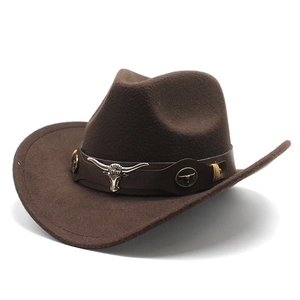Chapeau Cowboy Western Rétro Feutre Laine Bande Cuir Décoration Tête Taureau Métal Bord Large Fedora Adulte