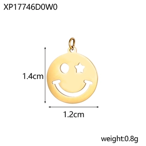 Golden smiley face charm pendant with hollow design for jewelry making, 1.4cm size