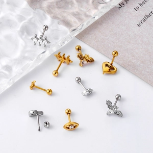 Polished stainless steel cartilage studs with zircon insets and screw-back closure