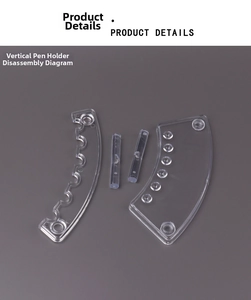 Disassembled parts of a clear acrylic vertical pen holder for desk storage organization