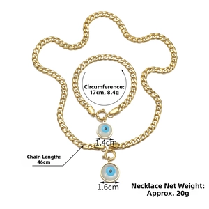 Detailed specs of Evil Eye gold necklace and bracelet set with size and weight metrics
