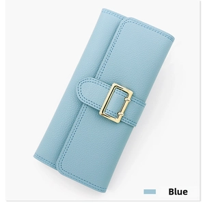 Detail of blue pebbled leather long wallet featuring a gold metal rectangular buckle