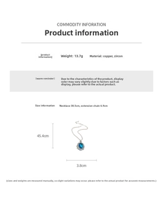 Close-up of oval blue zircon flower pendant with size measurement and product specs