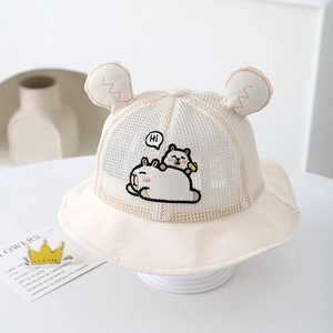 Detail of baby sun hat with breathable mesh top and cute cartoon bear embroidery