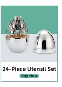 Detail view of a 24-piece stainless steel cutlery set inside a silver egg-shaped storage case