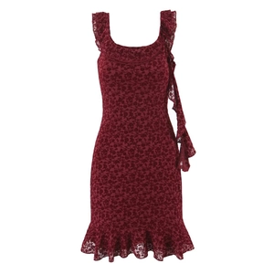Burgundy Rose Floral Lace Mini Dress Sleeveless Ruffle Hem Square Neck Mesh Flocking Sexy Elegant Retro Bodycon Party