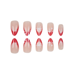 Christmas almond press-on nails with red bows, snowflakes, and festive stripes
