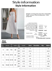 Size chart and fabric details for elegant strapless A-line maxi dress in polyester