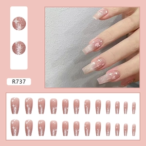 Pink cat eye ballerina press on nails with glitter star and heart patterns, 24 piece set