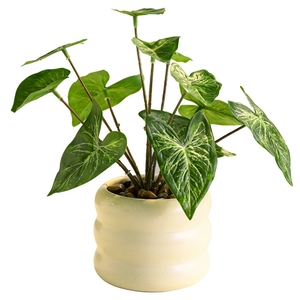 Realistic artificial green plant in a white ceramic pot with wavy texture for home decor