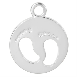 Macro shot of silver stainless steel pendant with hollow baby footprint design