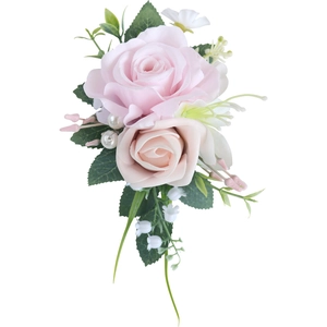 Elegant artificial pink rose boutonniere with white pearls and greenery for weddings