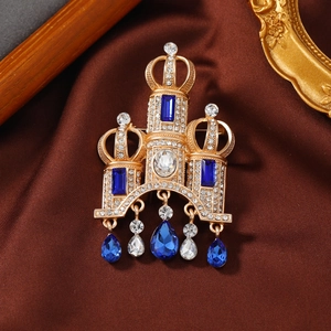 Vintage Castle Crown Brooch Pin Zinc Alloy Rhinestone Crystal Tassel Dangle Court Style Women Coat Accessory