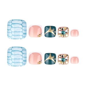 Blue snakeskin print and rhinestone encrusted press-on toenails set for women