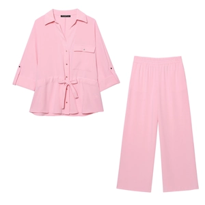 Femme Chemise Et Pantalon Large À Revers Taille Nouée Couleur Unie Polyester Tenue Streetwear Décontractée