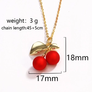 Macro shot of red cherry pendant showing 17mm size and 45cm necklace chain details