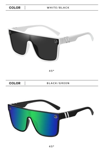 Detail view of large flat top sunglasses in white with black lenses and black with blue lenses