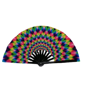 33cm large rainbow tie-dye folding fan with black frame and protective velvet bag