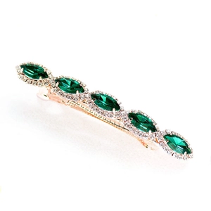Vintage gold spring hair clip with green marquise crystals and sparkling rhinestones